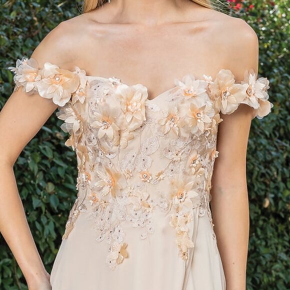 New Off Shoulder Long A-Line Floral Dress w/ Leg Slit & Lace Up Back DQ 4268 - Picture 8 of 9